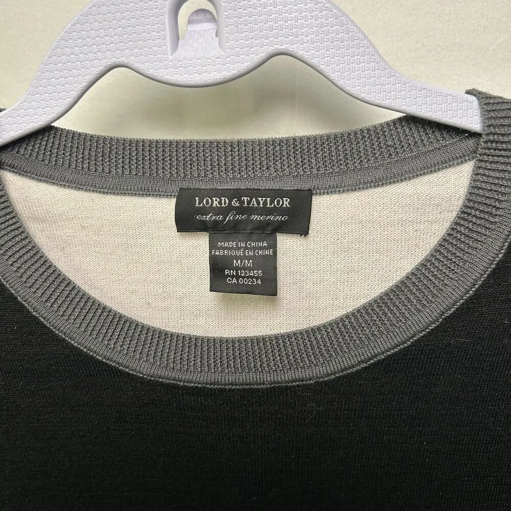 Lord & Taylor 100% Merino Wool Black White Colorblock Sweater Medium